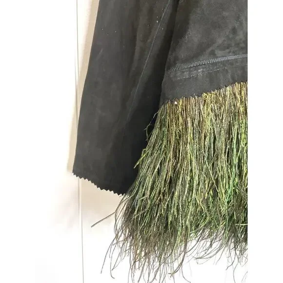 Illia Black Suede Jacket with Ostrich Feather Hem Size 6 NWT - Picture 4 of 8